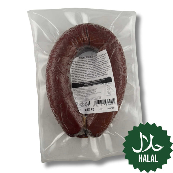 Mirusha Suxhuk Skenderbeu 500g – traditionelle kosovarische halal Knoblauchwurst nach Sucuk-Art, kräftig im Geschmack
