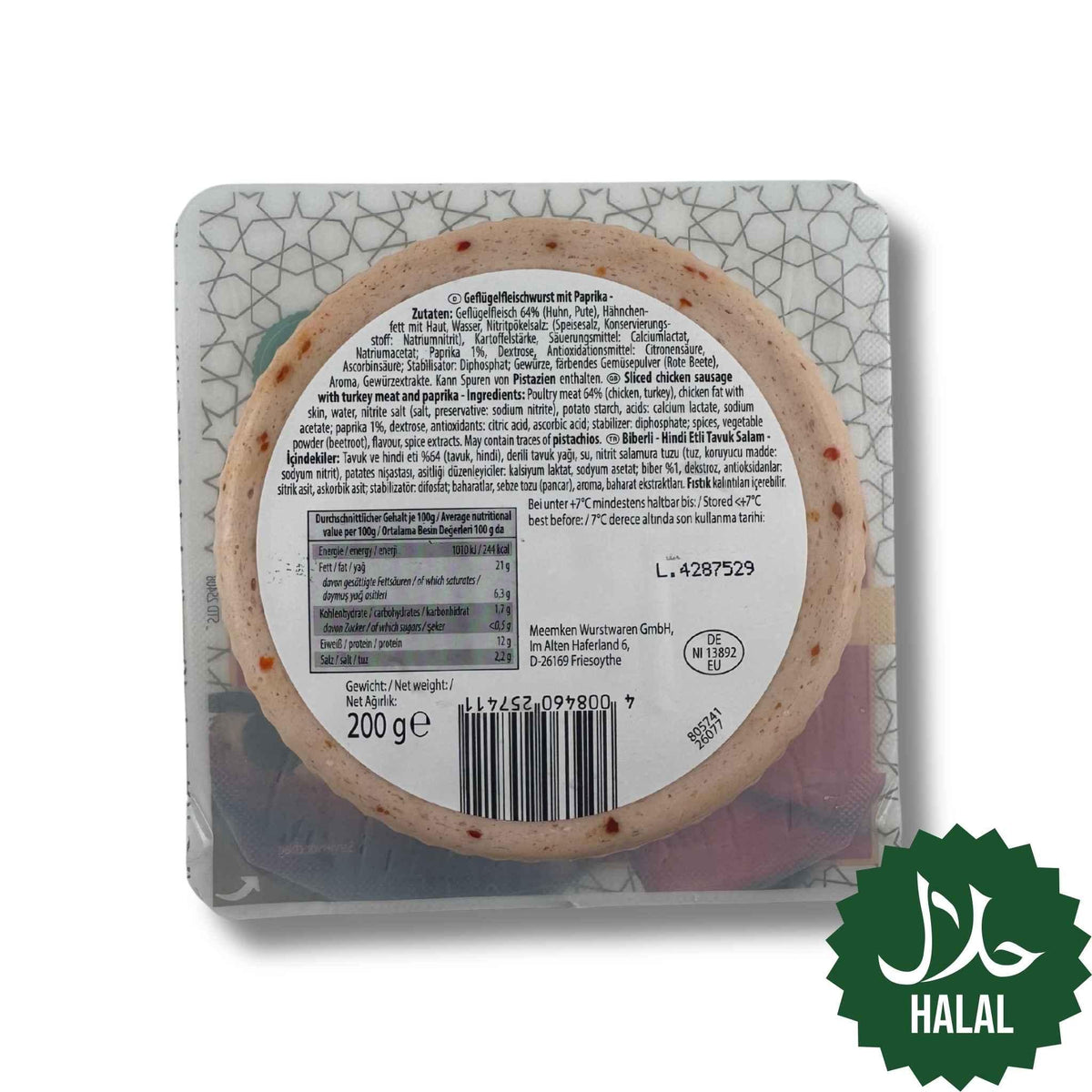 Halal Kamar Pullo Geflügelfleischwurst 200g mit Paprika – Geflügelwurst türkische Art
