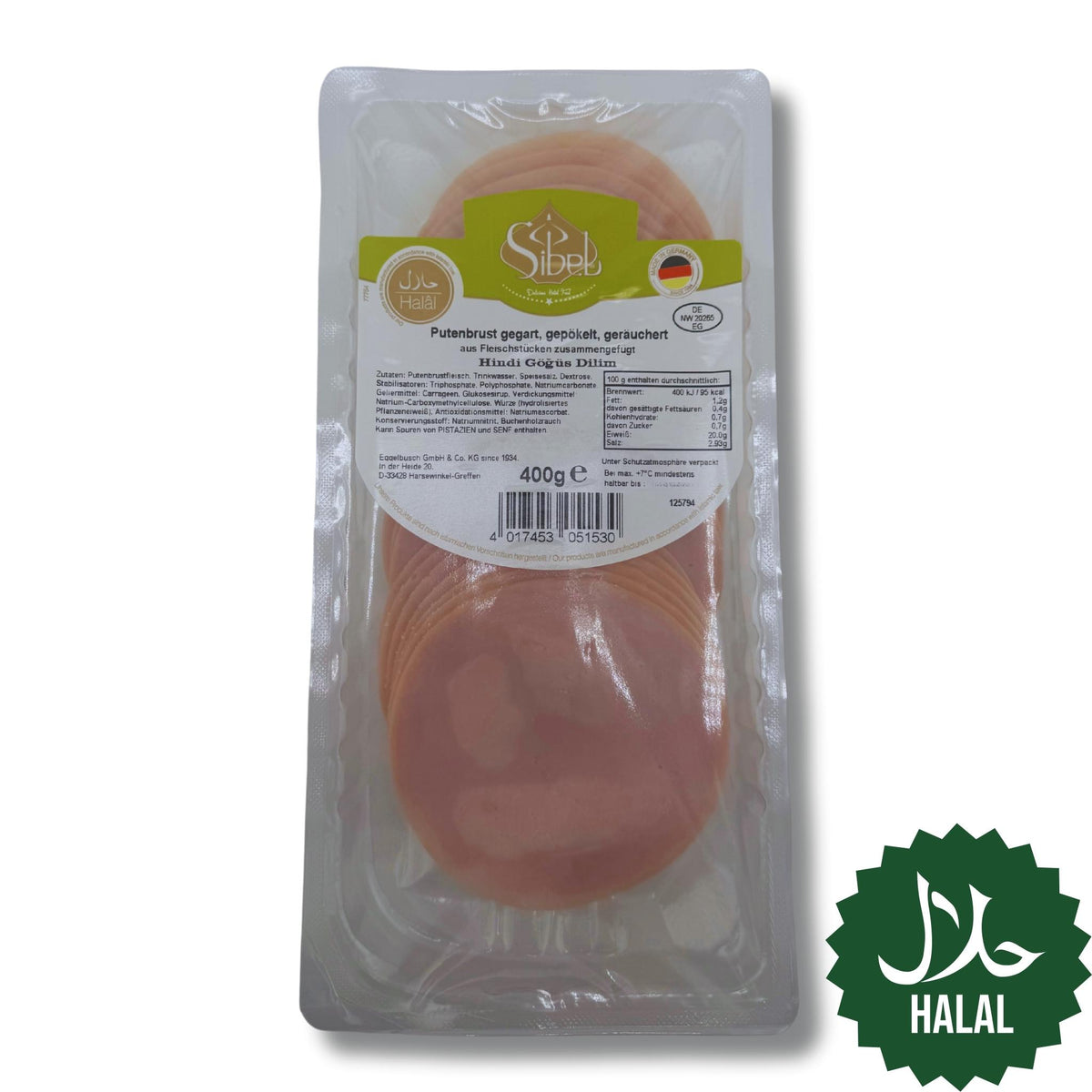 Halal Sibel Putenbrust geräuchert 400g – zarter Putenschinken/Aufschnitt in Scheiben, halal-zertifiziert
