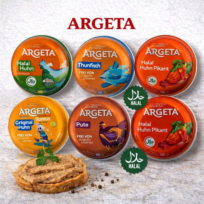 Argeta Aufstrich Huhn, Thunfisch, Pute, Pikant, Harissa, Halal.