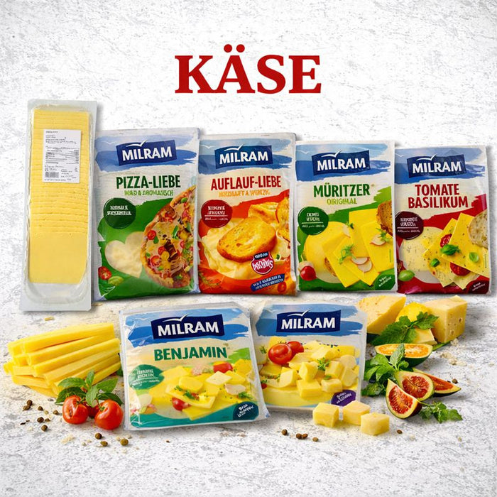 Verschiedene Käsesorten als Brotaufstrich sowie Milram Streukäse für Auflauf und Pizza