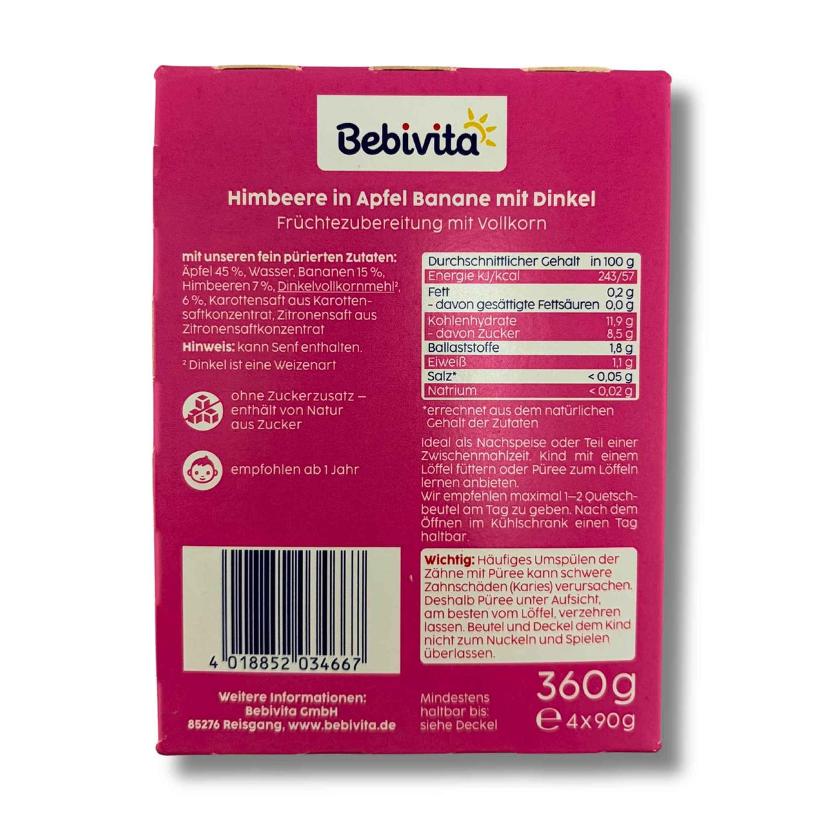 Bebivita Quetschies Himbeer in Apfel Banane mit Dinkel 4 × 90 g