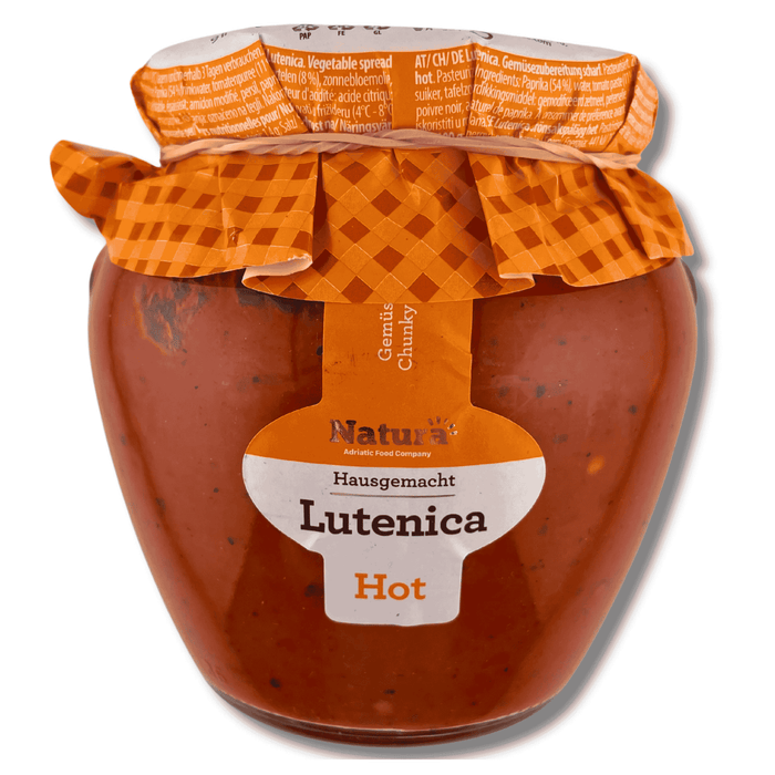 Natura Lutenica 550 g, des Glases mit Zutatenliste, Nährwerttabelle, Lagerhinweisen und Herstellerangaben