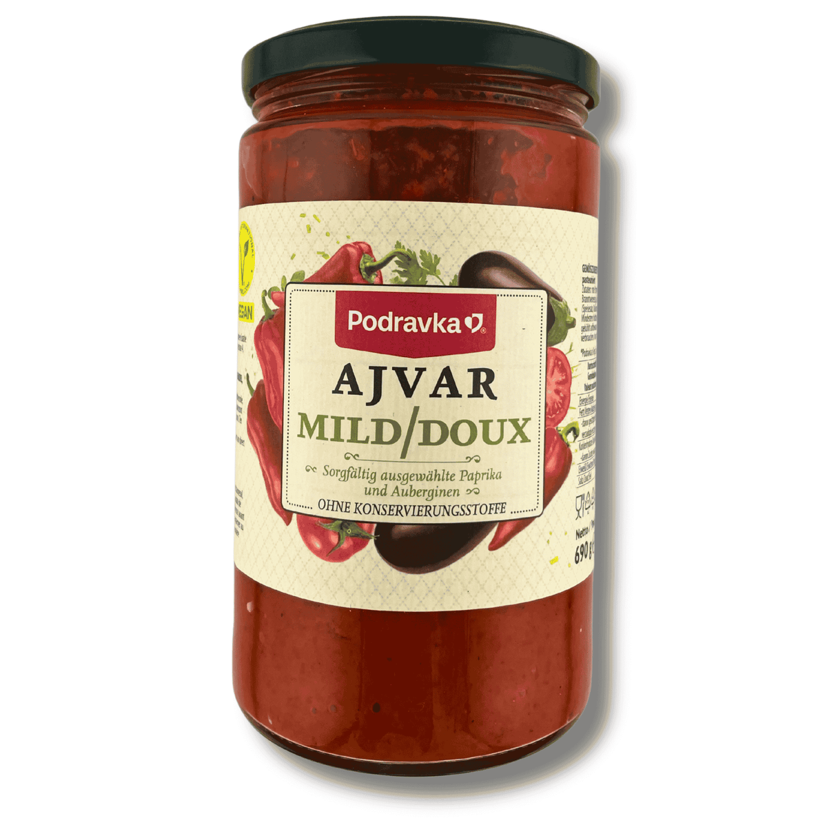 Podravka Ajvar mild 690 g, Glasverpackung mit Produktname, Marke und Abbildung eines milden Paprika-Auberginen-Aufstrichs.