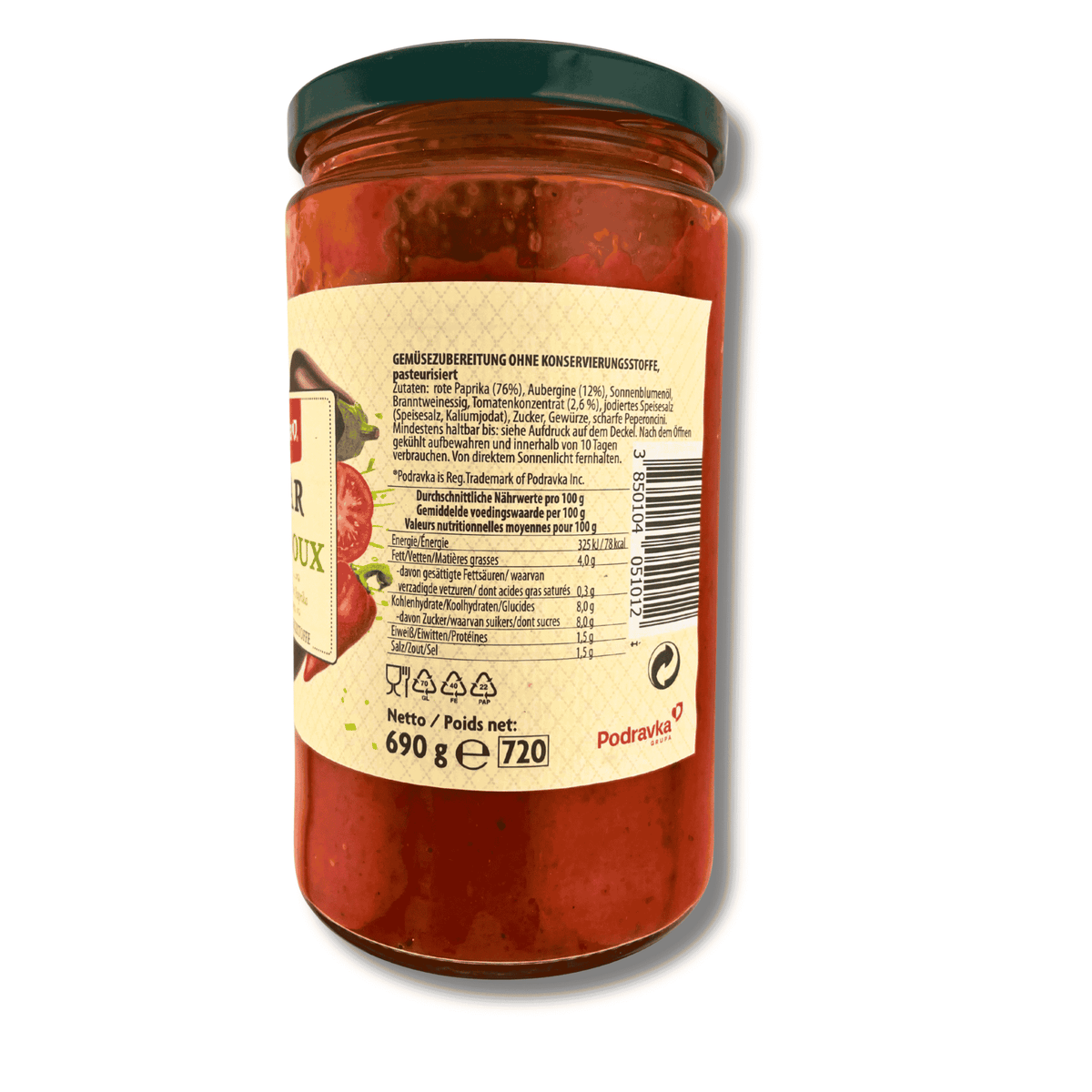 Podravka Ajvar mild 690 g, Glasverpackung mit Produktname, Marke und Abbildung eines milden Paprika-Auberginen-Aufstrichs.