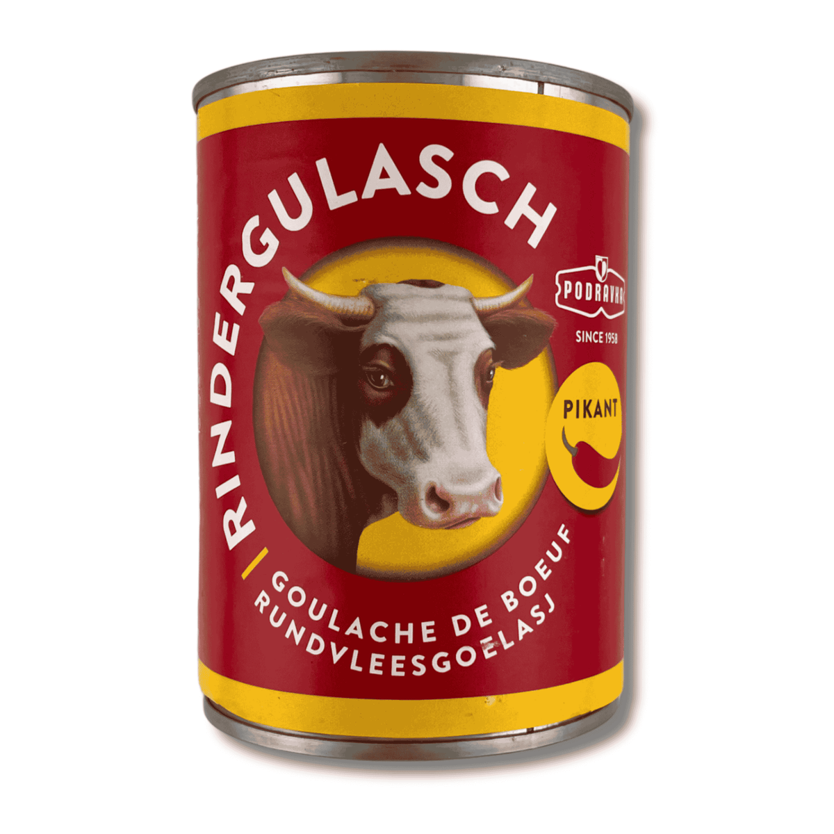 Podravka Rindergulasch (Beef Goulash) Pikant 400 g, Rückseite der Verpackung mit Zutatenliste, Nährwertangaben, Zubereitungshinweisen und Herstellerinformationen.