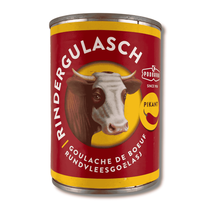 Podravka Rindergulasch (Beef Goulash) Pikant 400 g, Rückseite der Verpackung mit Zutatenliste, Nährwertangaben, Zubereitungshinweisen und Herstellerinformationen.