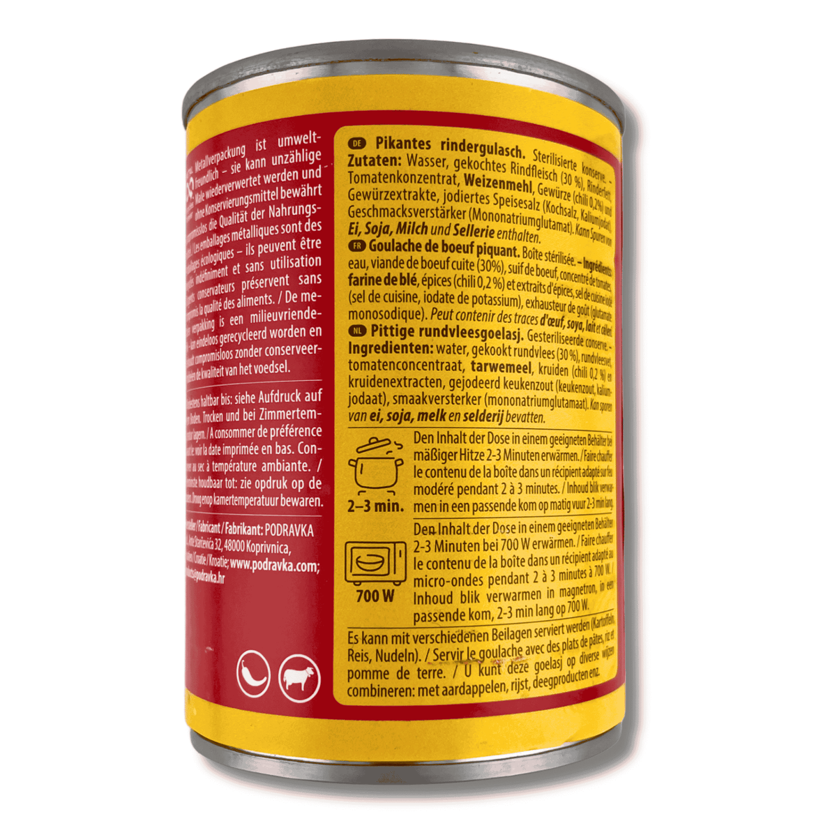Podravka Rindergulasch (Beef Goulash) Pikant 400 g, Rückseite der Verpackung mit Zutatenliste, Nährwertangaben, Zubereitungshinweisen und Herstellerinformationen.