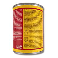 Podravka Rindergulasch (Beef Goulash) Pikant 400 g, Rückseite der Verpackung mit Zutatenliste, Nährwertangaben, Zubereitungshinweisen und Herstellerinformationen.