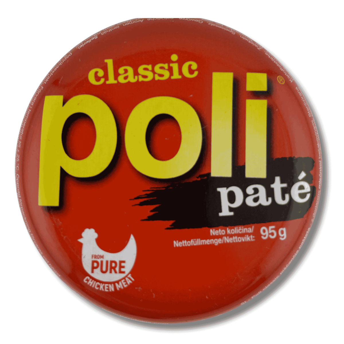 Poli Paté Hühnerfleischaufstrich Klassisch 95 g (Halal), Vorderseite der Verpackung mit Produktname, Marke, Abbildung des Aufstrichs und Halal-Kennzeichnung.