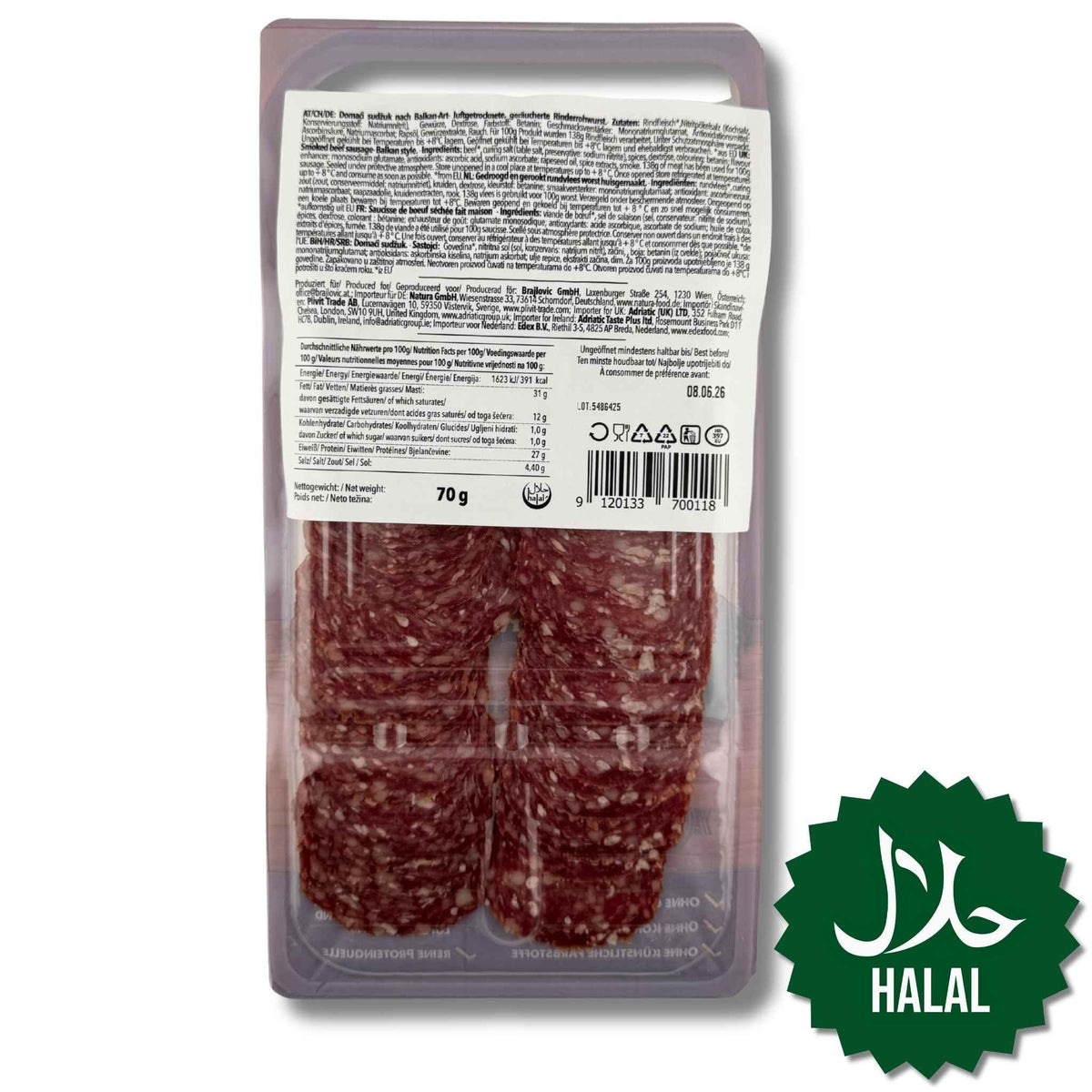 Brajlović Domaći Sudžuk 70 g – würzige Balkan Rinderwurst in Scheiben