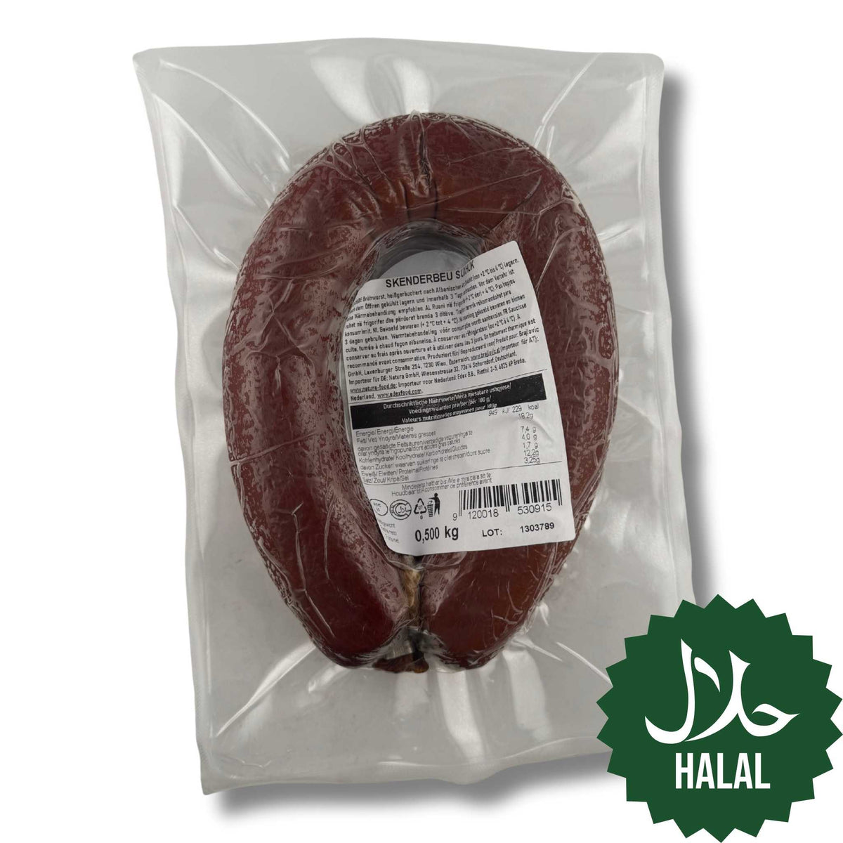 Mirusha Suxhuk Skenderbeu 500g – traditionelle kosovarische halal Knoblauchwurst nach Sucuk-Art, kräftig im Geschmack