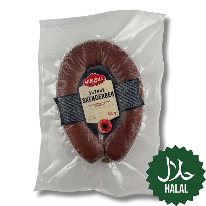 Mirusha Suxhuk Skenderbeu 500g – traditionelle kosovarische halal Knoblauchwurst nach Sucuk-Art, kräftig im Geschmack