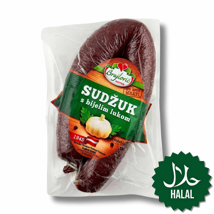 Brajlovic Domaći Sudžuk mit Knoblauch 300 g – traditionelle Halal Rinderwurst aus Bosnien, würzig, luftgetrocknet und aromatisch.