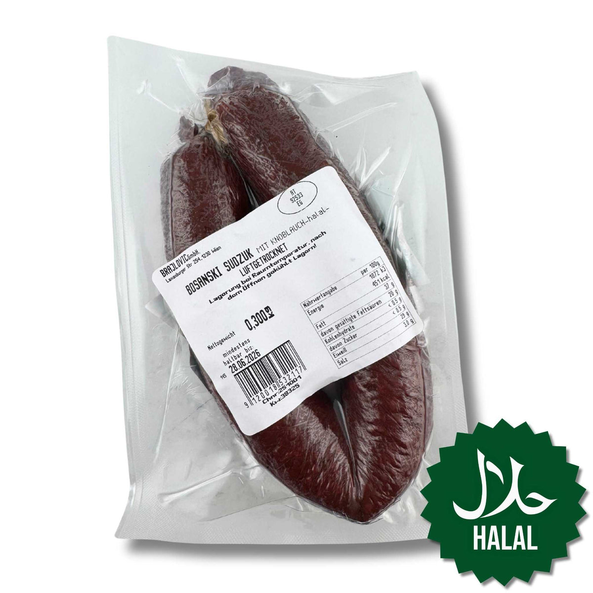 Brajlovic Domaći Sudžuk mit Knoblauch 300 g – traditionelle Halal Rinderwurst aus Bosnien, würzig, luftgetrocknet und aromatisch.