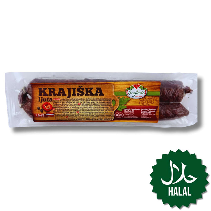 Brajlovic Krajiška Pikant 300 g – pikante, geräucherte Halal Rinderwurst aus Bosnien, kräftig gewürzt und aromatisch.