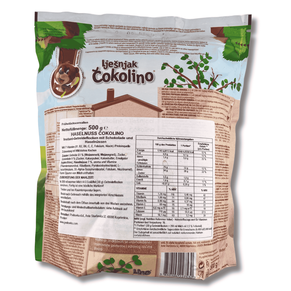 Haselnuss Čokolino 500 g, Rückseite der Verpackung mit Zubereitungshinweisen, Zutatenliste, Nährwerttabelle und Herstellerinformationen.