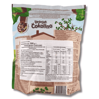 Haselnuss Čokolino 500 g, Rückseite der Verpackung mit Zubereitungshinweisen, Zutatenliste, Nährwerttabelle und Herstellerinformationen.