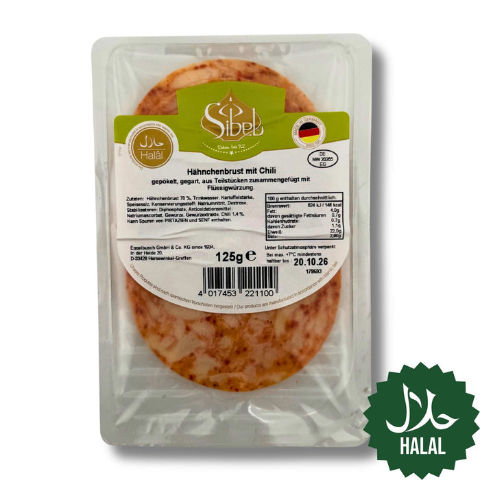 Sibel Hähnchenbrust mit Chili 125 g Halal – Produktpackung mit Etikett