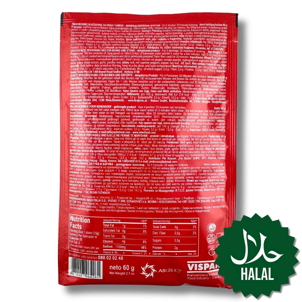 Vispak Tajna für Bohnensuppe 60 g – Halal Gewürzmischung für aromatische, traditionell zubereitete Bohnensuppe.