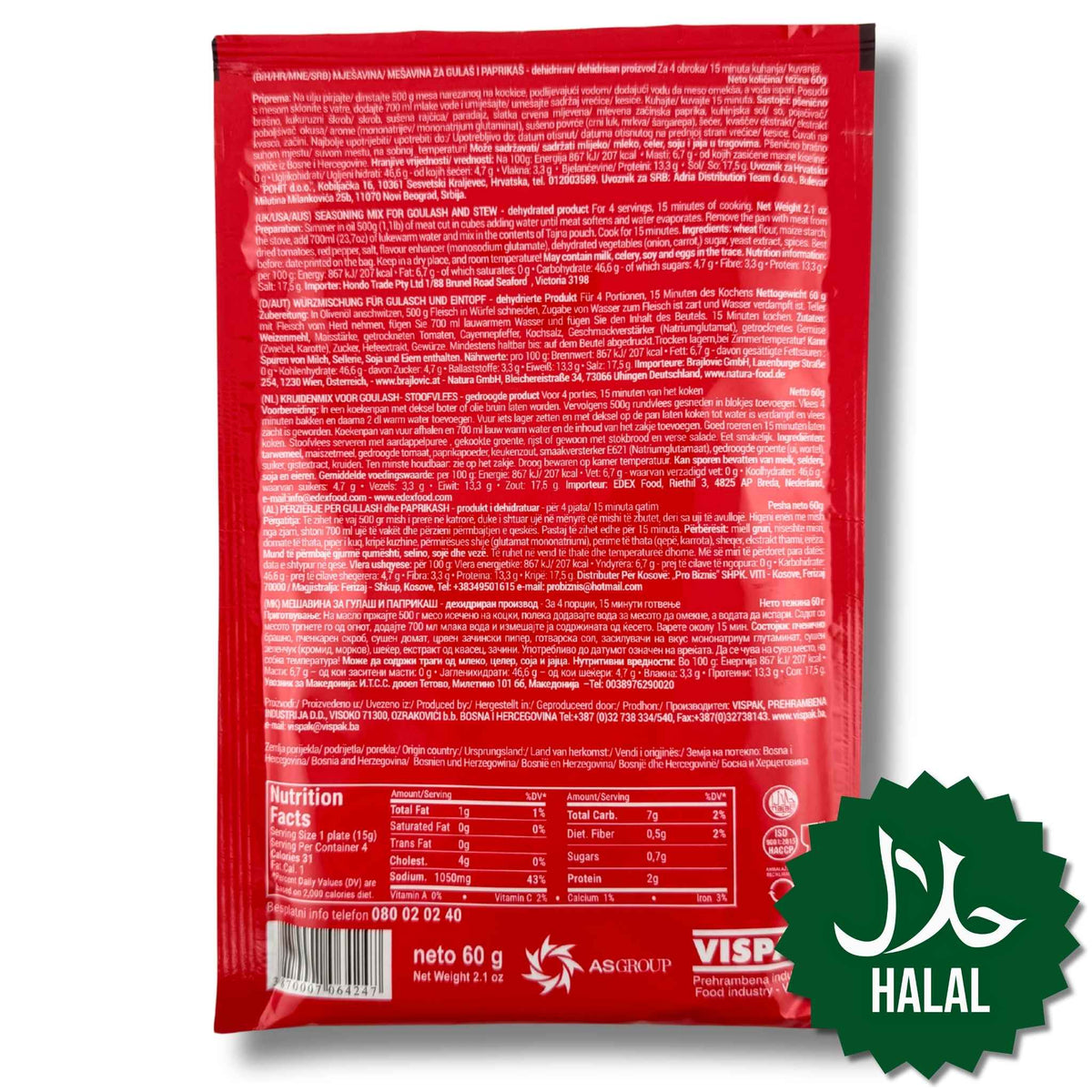 Vispak Tajna Gulas i Paprikas Halal 60 g – Würzmischung für Gulasch und Paprikasch