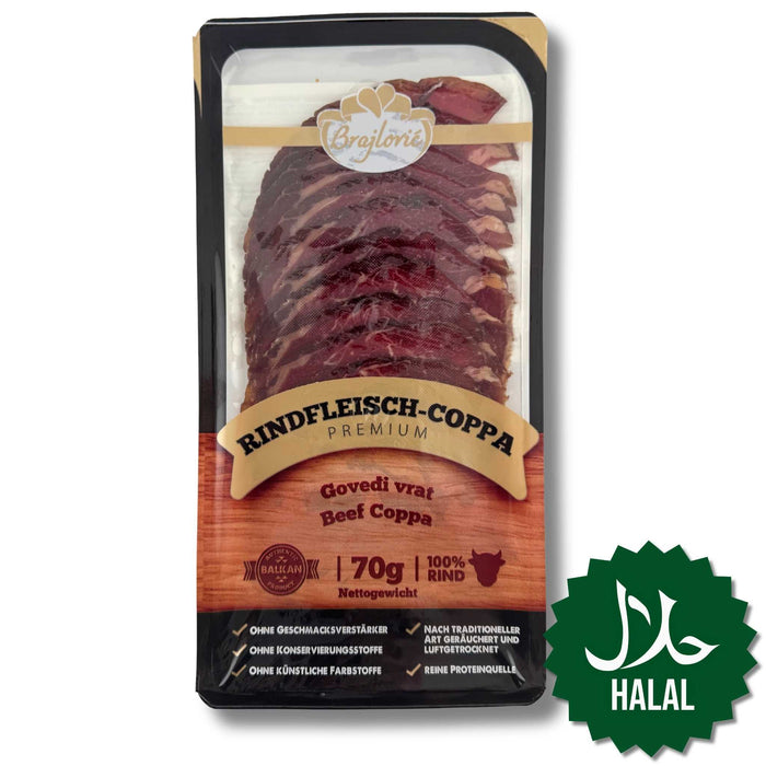 Brajlović Rinder-Coppa pikant geschnitten 70 g Halal – würziger Halal-Aufschnitt aus hochwertigem Rindfleisch