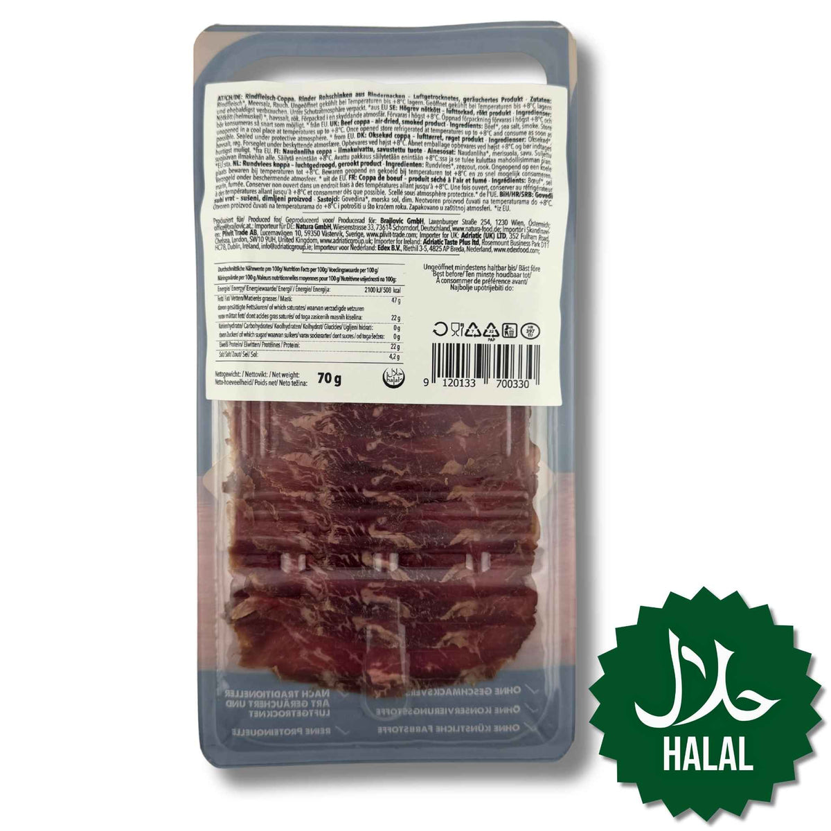 Brajlović Rinder-Coppa pikant geschnitten 70 g Halal – würziger Halal-Aufschnitt aus hochwertigem Rindfleisch