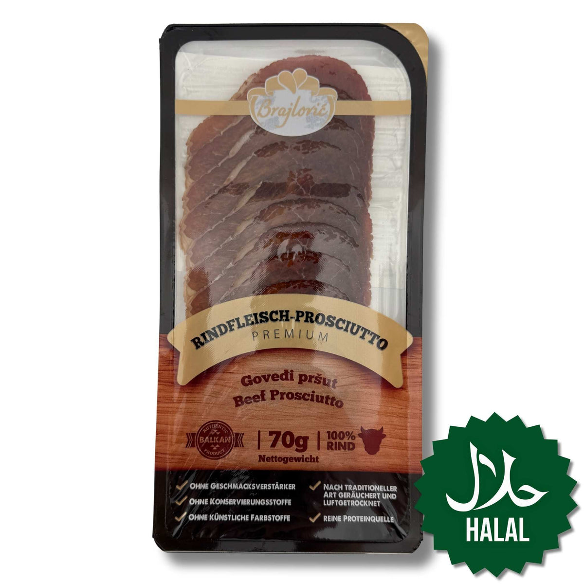 Brajlović Rinder-Prosciutto geschnitten 70 g – Halal-zertifizierter Prosciutto aus Rindfleisch