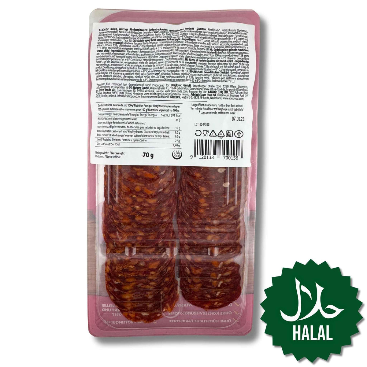Brajlović Kulen würzige Rinderwurst 70 g – pikante Balkan Wurst aus Rindfleisch