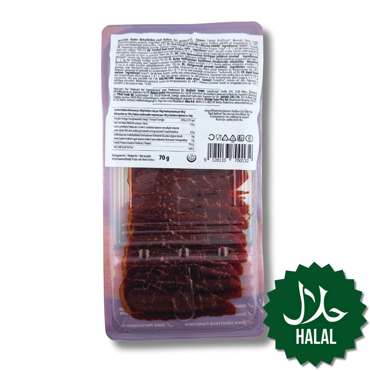 Brajlovic Smoked Beef Domaće Suho Meso 70 g – fein geschnittenes Halal Rinderrauchfleisch, traditionell geräuchert und servierfertig.