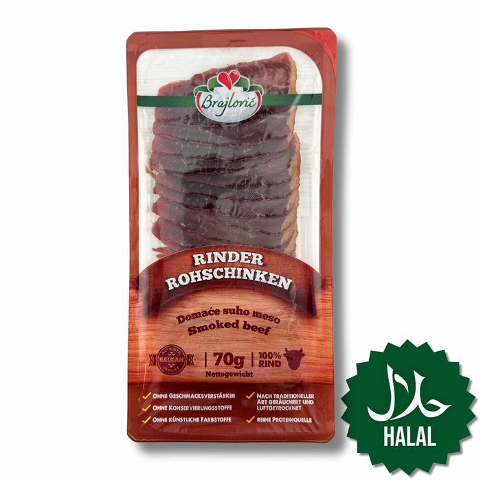 Brajlovic Smoked Beef Domaće Suho Meso 70 g – fein geschnittenes Halal Rinderrauchfleisch, traditionell geräuchert und servierfertig.