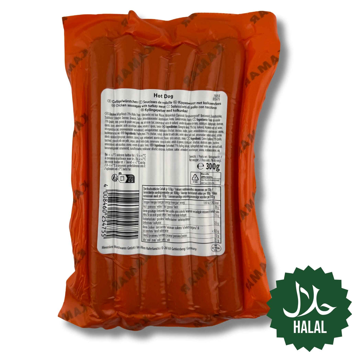 Kamar Hot Dog 300 g – Halal Hähnchenwürstchen, zart, aromatisch und ideal für schnelle warme Gerichte oder Snacks.