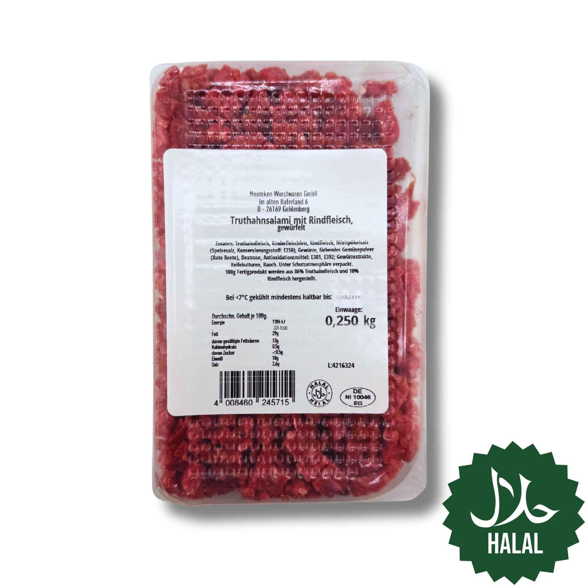 Halal Kamar Truthahnsalami Würfel 250g – gewürfelte Puten-Salami für Pizza, Salate und Snacks