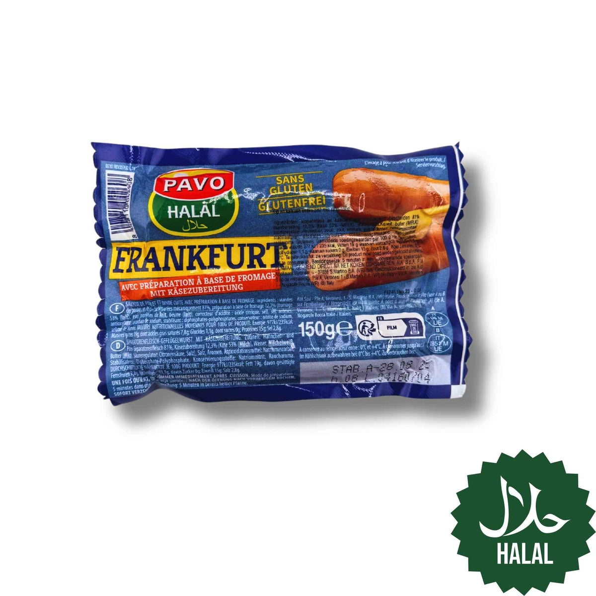 Halal Pavo Frankfurt mit Käse 150g – Frankfurter Würstchen aus Geflügel mit Käsefüllung