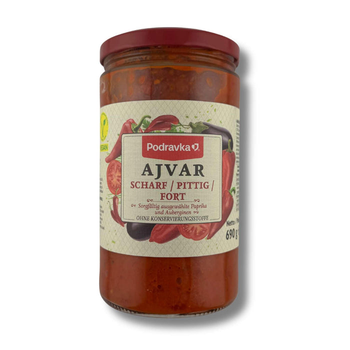 Podravka Ajvar scharf 690g – scharfe Paprikapaste und Gemüsestreich nach Balkan-Art im Glas