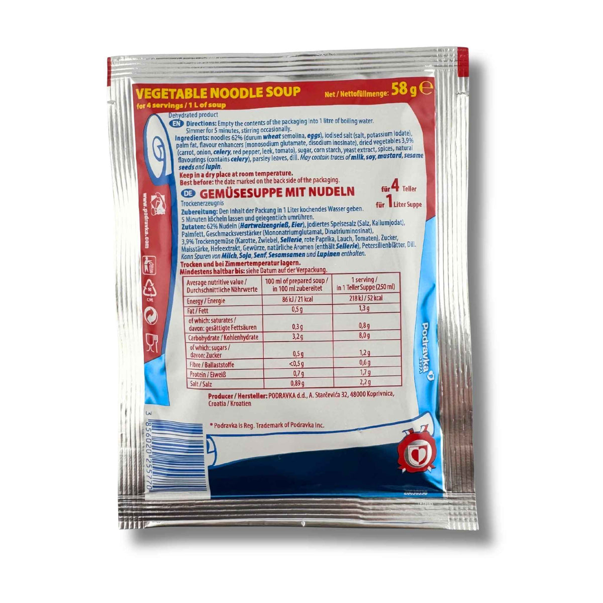Podravka Gemüsesuppe mit Nudeln 58g – Instant-Suppe mit Gemüse und Nudeln in praktischer Portionspackung
