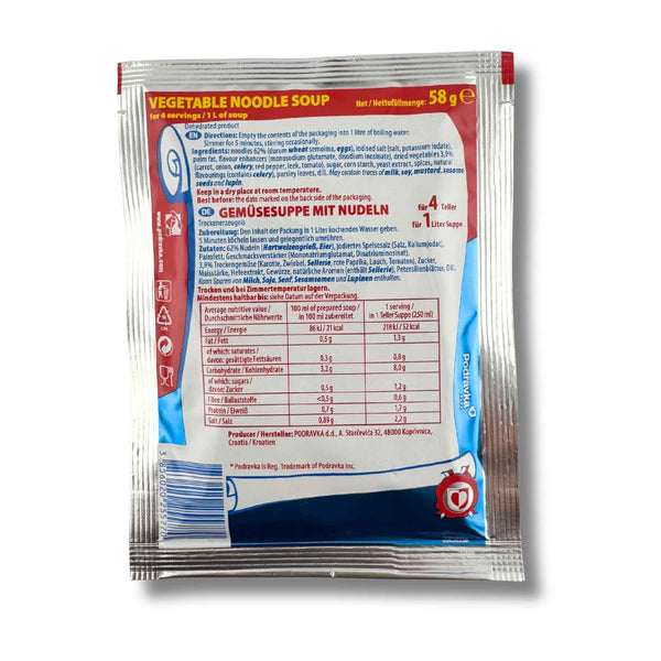 Podravka Gemüsesuppe mit Nudeln 58g – Instant-Suppe mit Gemüse und Nudeln in praktischer Portionspackung