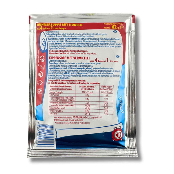 Podravka Hühnersuppe mit Nudeln 62g – klassische Instant-Suppe mit Hühnerfleisch und Nudeln in Portionsbeutel