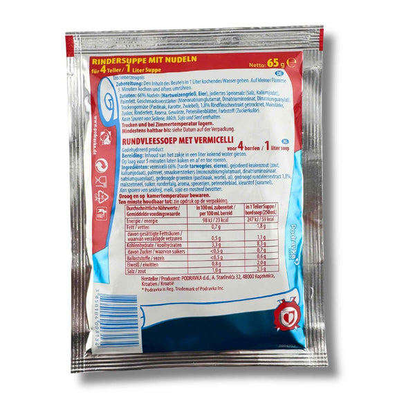 Podravka Rindersuppe mit Nudeln 65g – kräftige Instant-Suppe mit Rindfleisch und Nudeln in Portionspackung