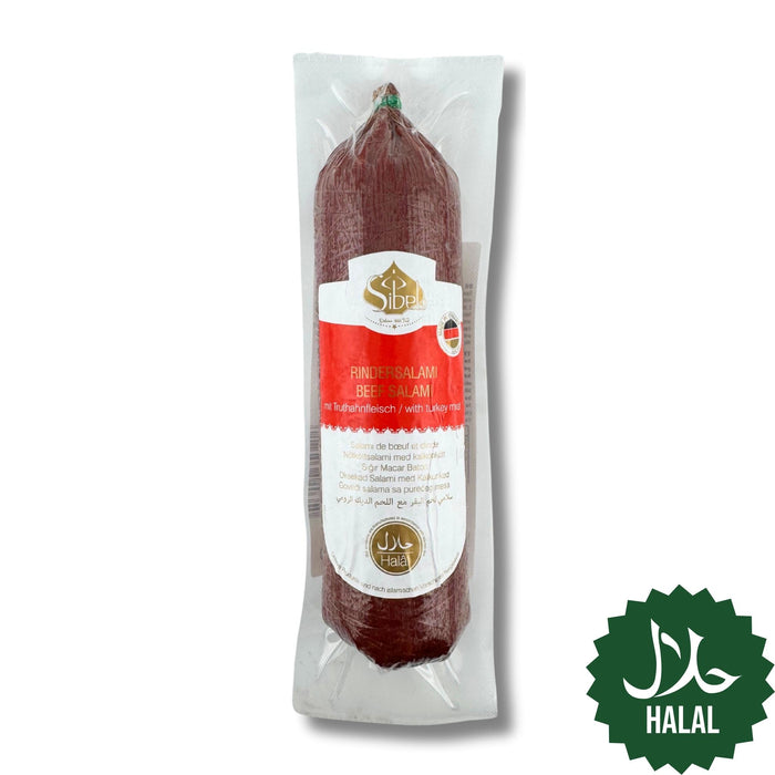 Sibel Rindersalami mit Truthahnfleisch 400 g – Halal Salami aus Rind- und Truthahnfleisch, würzig und saftig.