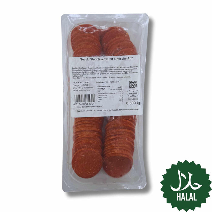 Halal Sucuk Knoblauchwurst 500g türkische Art – traditionelle Knoblauchwurst aus Rindfleisch