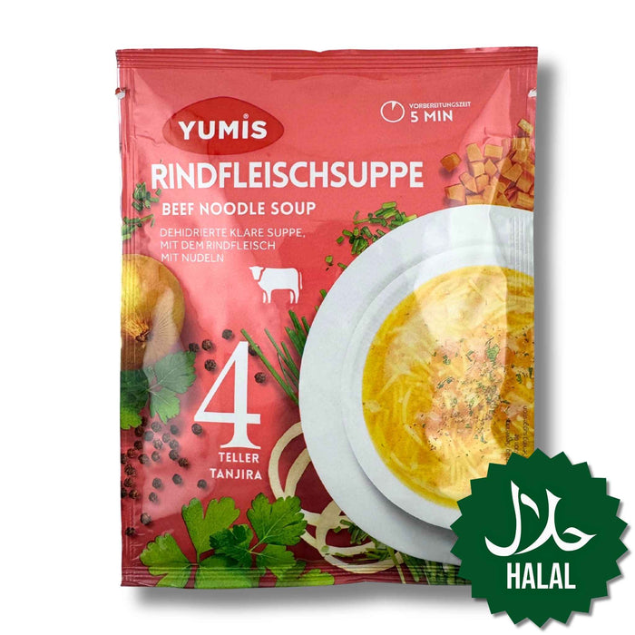 Yumis Rindfleischsuppe 65 g – Halal Instant-Suppe mit kräftigem Rindfleischgeschmack, schnell und einfach zubereitet.