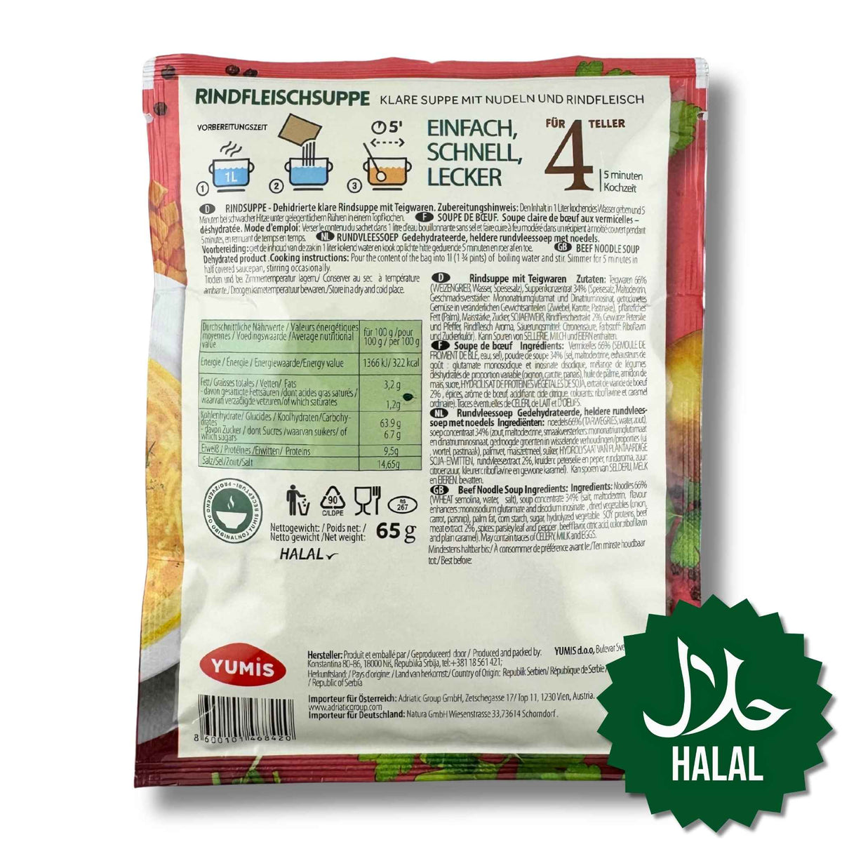 Yumis Rindfleischsuppe 65 g – Halal Instant-Suppe mit kräftigem Rindfleischgeschmack, schnell und einfach zubereitet.