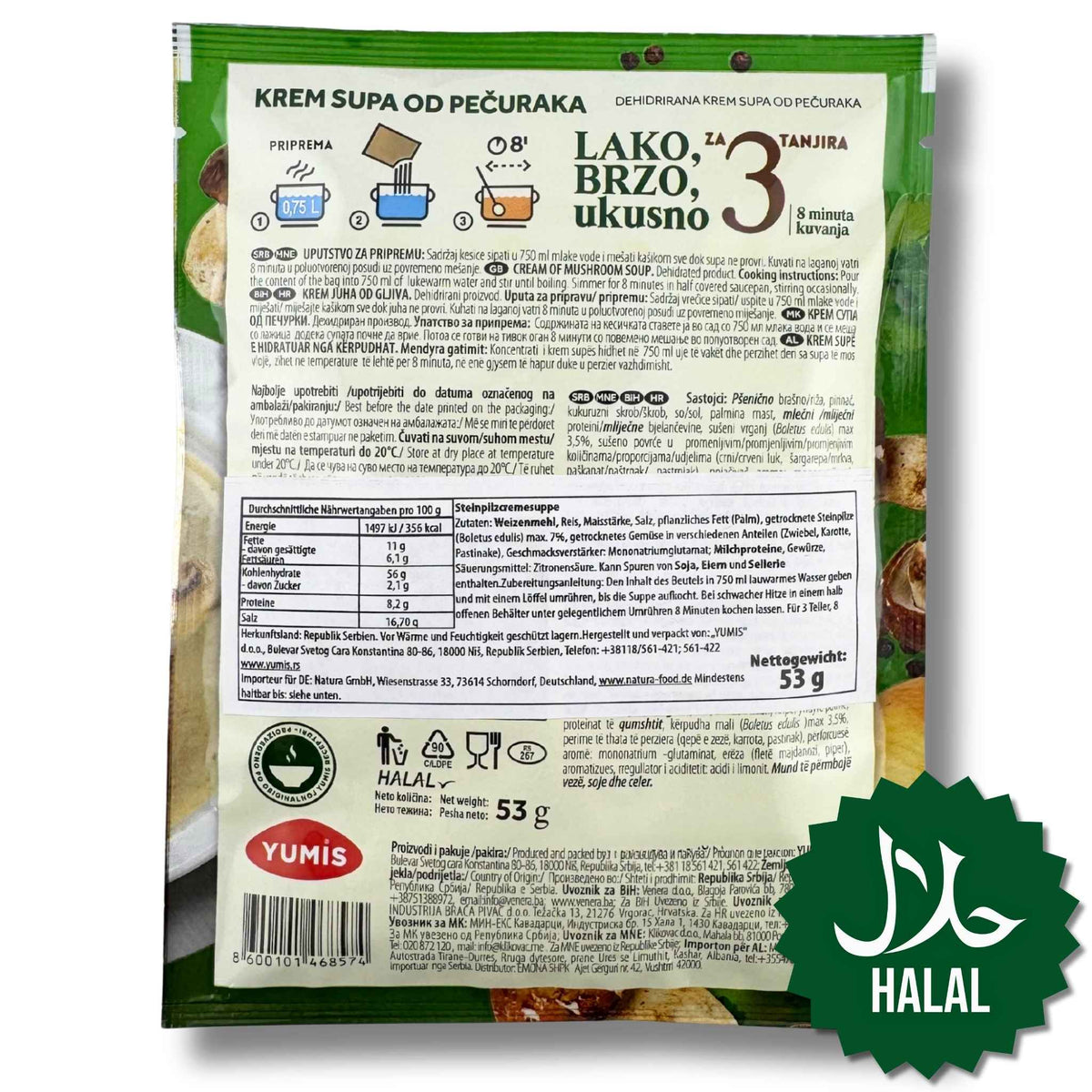Yumis Steinpilzcremesuppe 53 g – cremige Halal Instant-Suppe mit aromatischem Steinpilzgeschmack, schnell zubereitet.