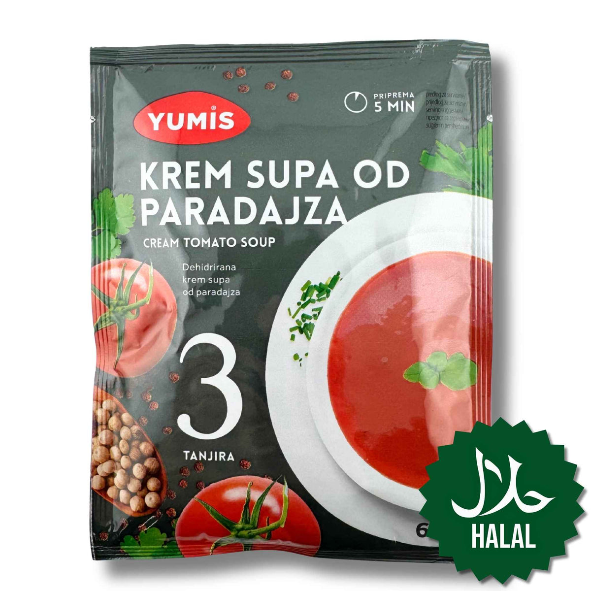 Yumis Tomatencremesuppe 65 g – cremige Halal Instant-Tomatensuppe, schnell zubereitet und mild im Geschmack.