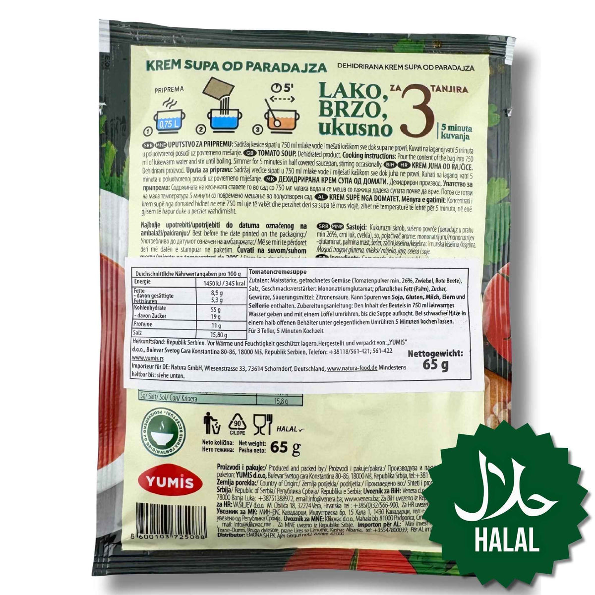 Yumis Tomatencremesuppe 65 g – cremige Halal Instant-Tomatensuppe, schnell zubereitet und mild im Geschmack.
